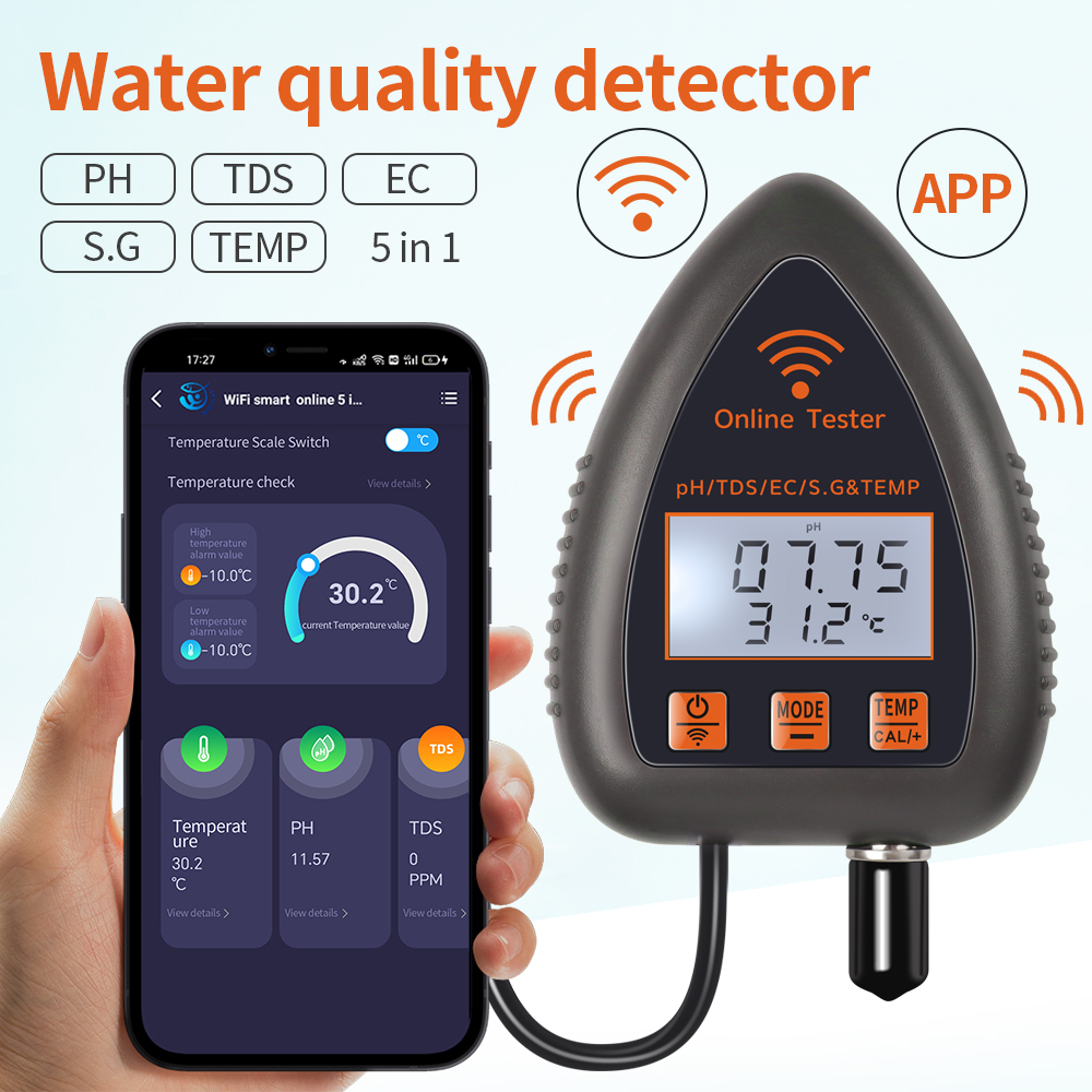 Planted Aquarium Test Kit - Tuya WiFi 5 في 1 TDS/EC/SALT/S.G./TEMP